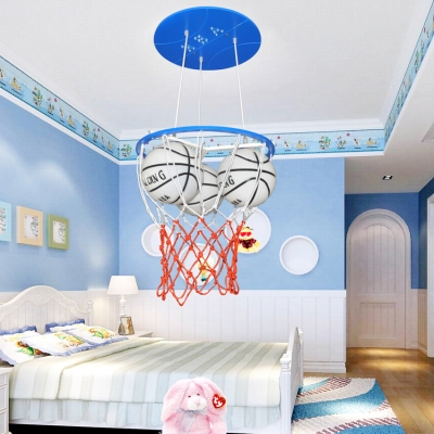 Glass Basketball Hanging Light Boys Room Height Adjustable 3 Heads Pendant Light in Blue/Orange