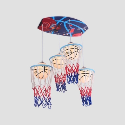 Glass Shade Hanging Lamp with White Basketball 4 Heads Suspended Light for Boys Room