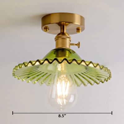 Industrial Scalloped Semi Flush Light Fixture with Peridot Green Glass Shade 1 Bulb Ceiling Fixture for Kitchen