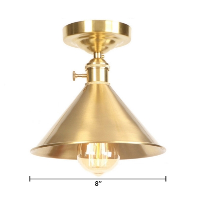 Metal Conical Semi Flush Mount Retro Industrial Style Single Light Decorative Semi Flush Light in Brass Finish