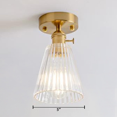 Mini Ceiling Light with Cone/Cylinder Glass Shade Industrial Single Light Semi Flush Light Fixture in Brass