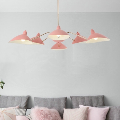Multi Light 6 Arm Chandelier Lamp with Metal Shade Macaron Modern Hanging Light Fixture in Pink