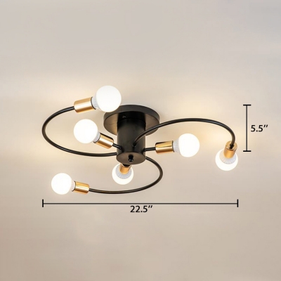 Nordic Style Swirl Arm Ceiling Lamp Metal 6 Bulbs Art Deco Ceiling Flush Mount in Brass Finish
