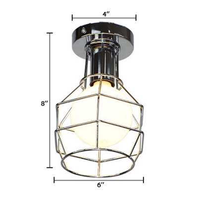 1 Light Bare Bulb Ceiling Fixture with Polished Gold/Chrome Metal Cage Industrial Semi Flush Mount