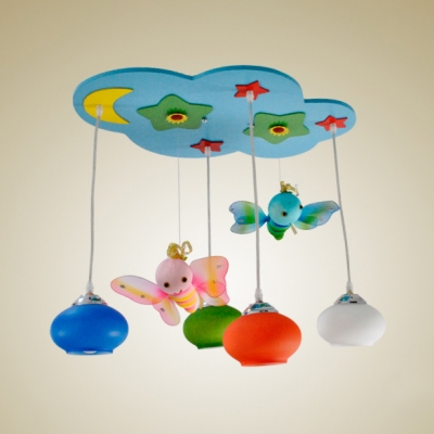 4 Lights Bee Pendant Lighting Nursing Room Hanging Ceiling Lamp with Colorful Glass Shade