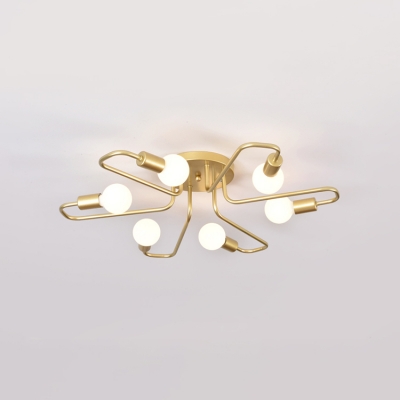 6 Lights Bare Bulb Lighting Fixture Designer Style Metallic Semi Flush Light with Curved Arm in Gold