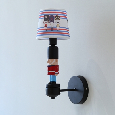 Black/White Cartoon Soldier Wall Lamp with Strips Fabric Shade 1 Head Wall Mount Light for Kids