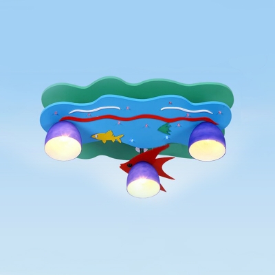 Blue Glass Shade Flush Mount with Fish Nautical 3 Heads Flush Light for Amusement Park
