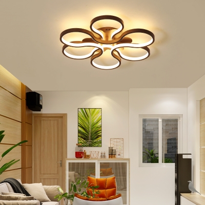 Brown Curved LED Ceiling Fixture Simple Concise Metal Semi Flush Light for Coffee Shop