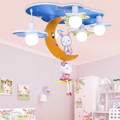 Cartoon Moon Flush Light Nursing Room Acrylic 4 Heads Ceiling Flush Mount in White Finish