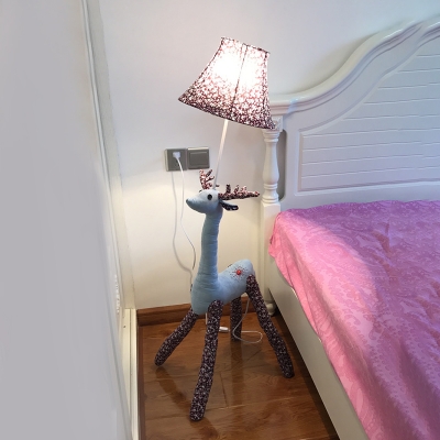 Deer Standing Light with Floral Pattern Fabric Shade Children Room 1 Light Floor Light in White Finish