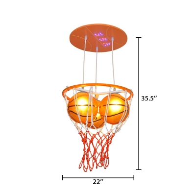 Glass Basketball Hanging Light Boys Room Height Adjustable 3 Heads Pendant Light in Blue/Orange