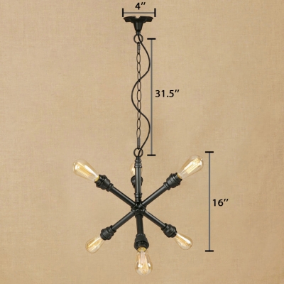 Industrial Style Sputnik Suspension Lamp Metallic 6 Lights Chandelier Light with Pipe in Black