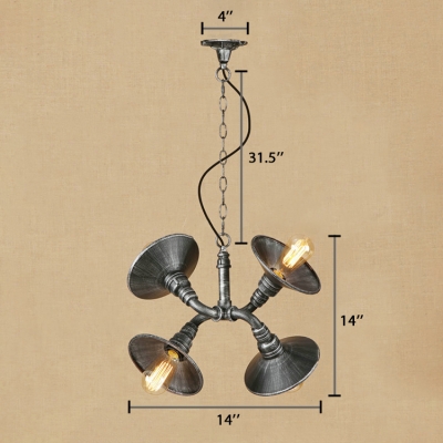 Metallic Flared Suspension Light Retro Style 4 Bulbs Chandelier Lighting in Antique Bronze/Silver