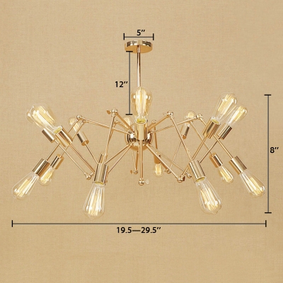 Multi Light Abstract Chandelier Vintage Industrial Adjustable Metallic Suspended Light in Gold