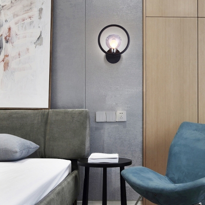 Smoke Glass Globe Wall Lamp with Halo Ring Modern Chic 1 Head Sconce Light in Black for Bedroom