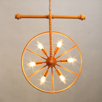 6 Bulbs Wheel Hanging Chandelier Industrial Wrought Iron Suspended Light in Orange