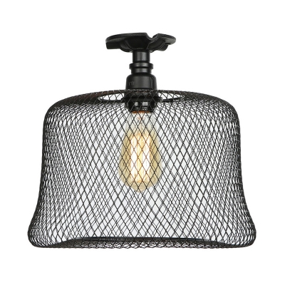 Black Mesh Cage Ceiling Flush Mount Vintage Metallic Single Head Semi Flush Mount for Coffee Shop