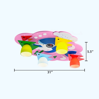 Fish Design 4 Lights Flush Mount with Glass Shade Blue/Pink Ceiling Fixture for Boys Girls Room