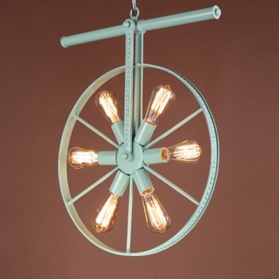 Loft Style Wheel Chandelier Lamp Metallic 6 Lights Hanging Ceiling Lamp in Blue/Green/Red