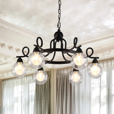 Mini Ball Chandelier Light with Twisted Arm Vintage Clear Glass 6 Lights Art Deco Suspension in Black