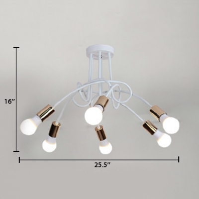 Modernism Bare Bulb Semi Flush Light with White Curved Arm Metal 3/5/6 Heads Art Deco Ceiling Lamp