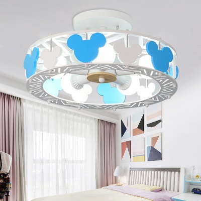 Round Ceiling Light with Cartoon Mouse Baby Kids Room Wood Semi Flush Mount in Blue