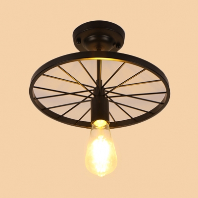 Single Light Open Bulb Ceiling Lamp with Black Wheel Retro Style Metal Art Deco Ceiling Flush Mount