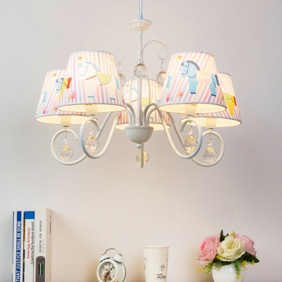White Finish Shaded Chandelier Light with Cartoon Horse Fabric 5 Lights Drop Light for Kids