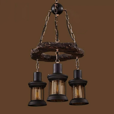 Wooden Lantern Hanging Lamp with Ring Retro Style 3 Lights Chandelier Lamp in Black
