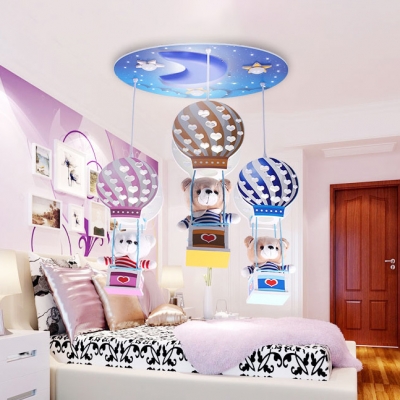 3 Lights Bear Drop Light with Hot Air Balloon Kindergarten Wooden Pendant Lamp in Multi Color