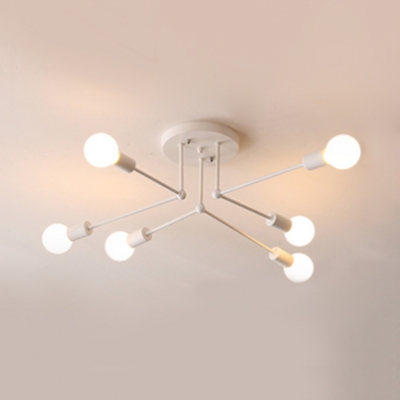 6/8 Heads Open Bulb Semi Flush Mount with White Linear Armed Minimalist Metal Ceiling Fixture