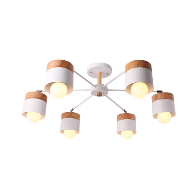 

6 Lights Branch Chandelier with White Cylinder Shade Modern Fashion Wooden Suspended Light