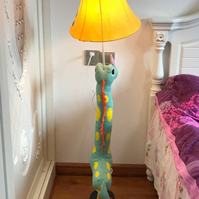 Bell 1 Head Floor Light with Lovely Dinosaur Base Yellow Fabric Shade Standing Light for Kids Bedside