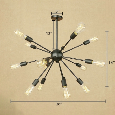 Black Finish Sputnik Suspension Light Industrial Metallic 15 Lights Hanging Chandelier