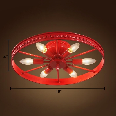 Blue/Green/Red Wheel Ceiling Flush Mount Lodge Style Metallic 6 Lights Flush Mount for Exhibition Hall