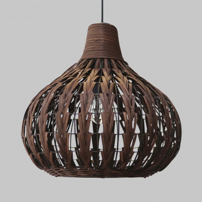 Brown Gourd Hanging Lamp Natural Modern Rattan 1 Bulb Indoor Lighting Fixture for Sitting Room