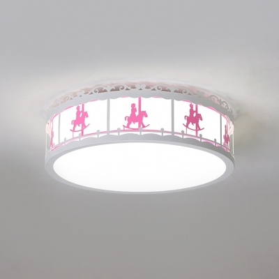 Drum Flush Light with Carousel Design Boys Girls Room Acrylic LED Ceiling Fixture in Blue/Pink/White