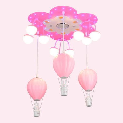 Floral Ceiling Light with Pink Hot Air Balloon Girls Bedroom Metal 9 Lights Semi Flush Mount