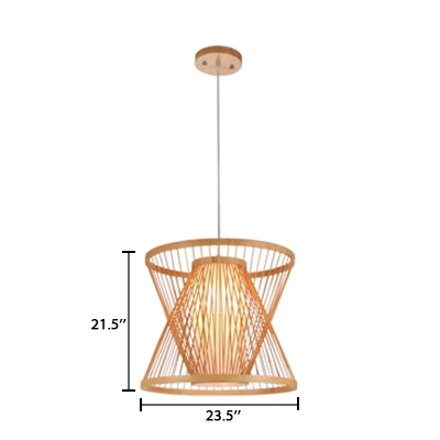 Hourglass Suspension Light Stylish Natural Weave Single Head Indoor Lighting Fixture in Wood