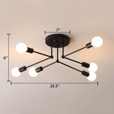 Industrial Concise Linear Semi Flush Light Metal 6/8 Lights Ceiling Light in Matte Black