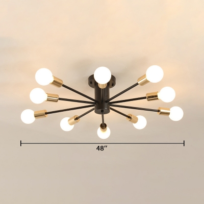 Modern Fashion Branching Lighting Fixture with Bare Bulb Metal Multi Light Ceiling Flush Mount in Gold Finish