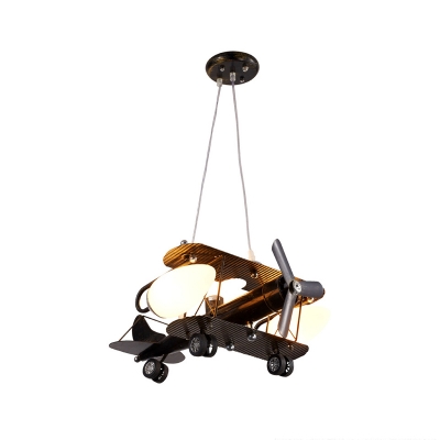 Opal Glass Shade Chandelier with Black Biplane Triple Heads Lighting Fixture for Boys Room
