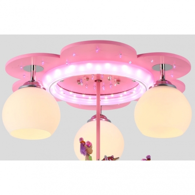 Pink Flower Ceiling Light with Cartoon Horse Frosted Glass Triple Lights Semi Flush Mount for Girls Room