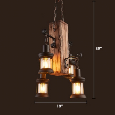 Retro Loft Style Lantern Chandelier Wooden 4 Lights Suspension Light for Coffee Shop