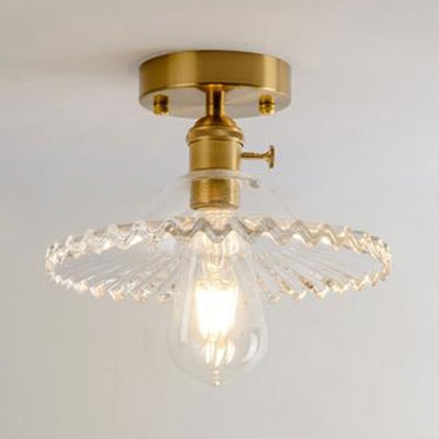 Saucer Lighting Fixture with Scalloped Edge Retro Style Semi Flush Light Fixture in Brass with Clear Glass Shade