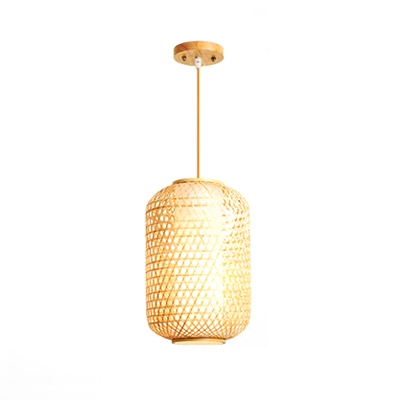 Single Head Cylinder Pendant Lighting Lodge Style Knit Hanging Lamp in Wood for Hallway Corridor