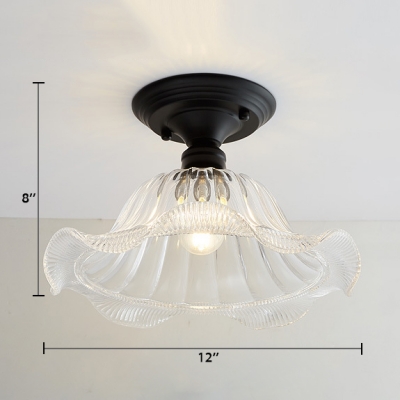 Textured Glass Flared Semi Flush Mount Retro Style Single Head Lighting Fixture in Matte Black for Staircase