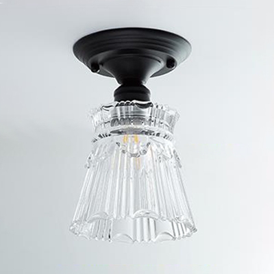 Textured Glass Tapered Semi Flush Light Vintage Industrial Single Light Mini Ceiling Fixture in Black