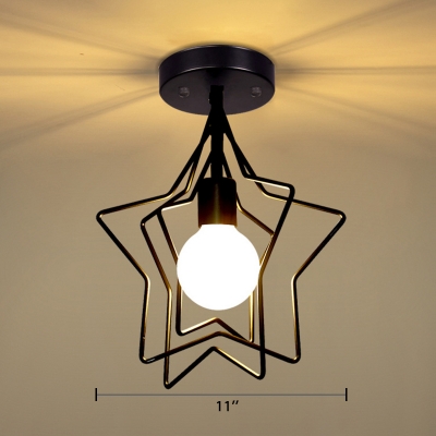 Vintage Star Semi Flush Light Fixture with Black/Soft Gold Metal Cage 1 Bulb Indoor Lighting for Restaurant